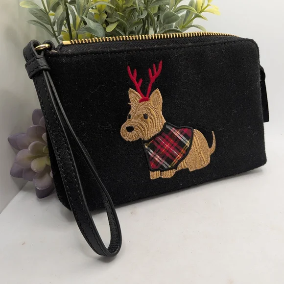 Talbots Festive Scottie Dog Embroidered Wool Wristlet - Picture 1 of 6
